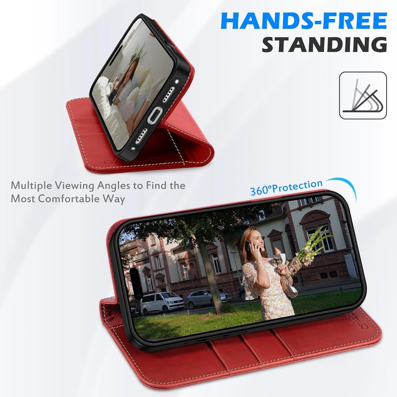 SHIELDON Genuine Leather Case Wallet for iPhone 17 Pro 6.3-inch 2025 | Book Design | Magnetic | Kickstand | RFID Blocking Credit Card Holder | Soft Shockproof Phone Cover | Retro Red - Image 5